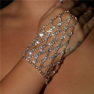 Gold Rhinestone Finger Ring Link Bracelet – Crystal Hand Chain Jewelry
